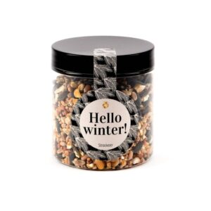 potje met zaden om de vogels te voeren met opschrift: Hello winter
